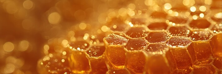 Poster - Close-up of Golden Honeycomb Showcasing Its Intricate Structure and Natural Glow Illuminated Under Soft Light