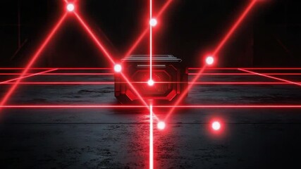 Poster - Futuristic glowing red box on dark floor with laser lines in a high-tech sci-fi environment capturing imagination and intrigue 4k video footage
