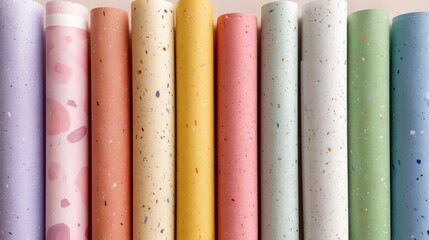 Leinwandbilder - Colorful Pastel Wrapping Paper Rolls Arranged Neatly, Showcasing a Variety of Patterns and Textures for Creative Gift Packaging