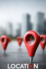 Poster - Red location pins scattered across a sleek road with a city skyline backdrop, illustrating a contemporary navigation theme.