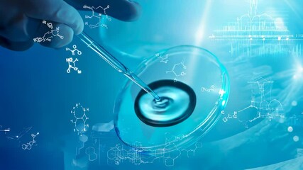 Aufkleber - Scientist pipetting liquid into petri dish with chemical formulas overlay