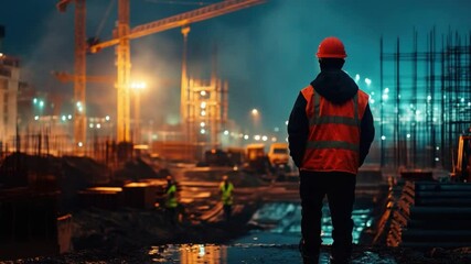 Poster - Construction Worker at Night Overseeing Urban Development with Crane in Background and Busy Site Illumination 4k video footage