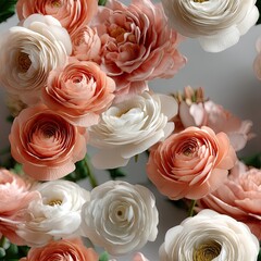 Poster - Delicate ranunculus and roses grace this wallpaper pattern, showcasing soft shades of pink, white, and coral for a charming ambiance SEAMLESS PATTERN