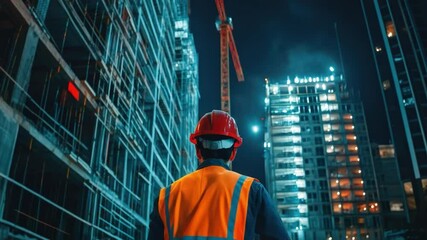 Poster - Construction Worker in Safety Gear at Night Overseeing Urban Development at a Construction Site with Cranes and Bright Lights 4k video footage