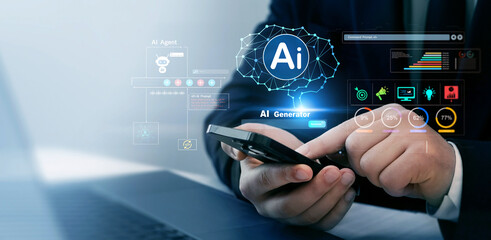 Fototapete - Ai Content Generator. Interaction with the Ai assistant to solve some tasks more easily. Image generator, documents, marketing and advertising, bot writing and coding.