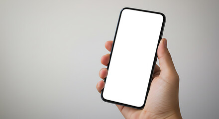 Poster - Hand holding smartphone with blank white screen, mockup template for app design, website content, and technology concepts