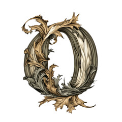 Poster - Ornate letter O illustration with intricate floral and foliate details rendered in sepia and silver hues against a transparent background.