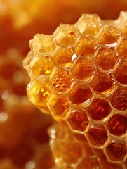 Poster - Close-up of Golden Honeycomb Showcasing Intricate Patterns and a Glossy Texture in Natural Light