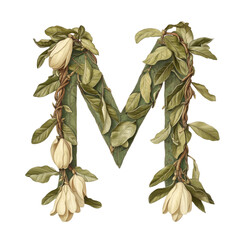 Poster - Elegant letter illustration adorned with floral elements in a vintage botanical style. Featuring cream-colored blossoms and lush green foliage against a transparent backdrop.