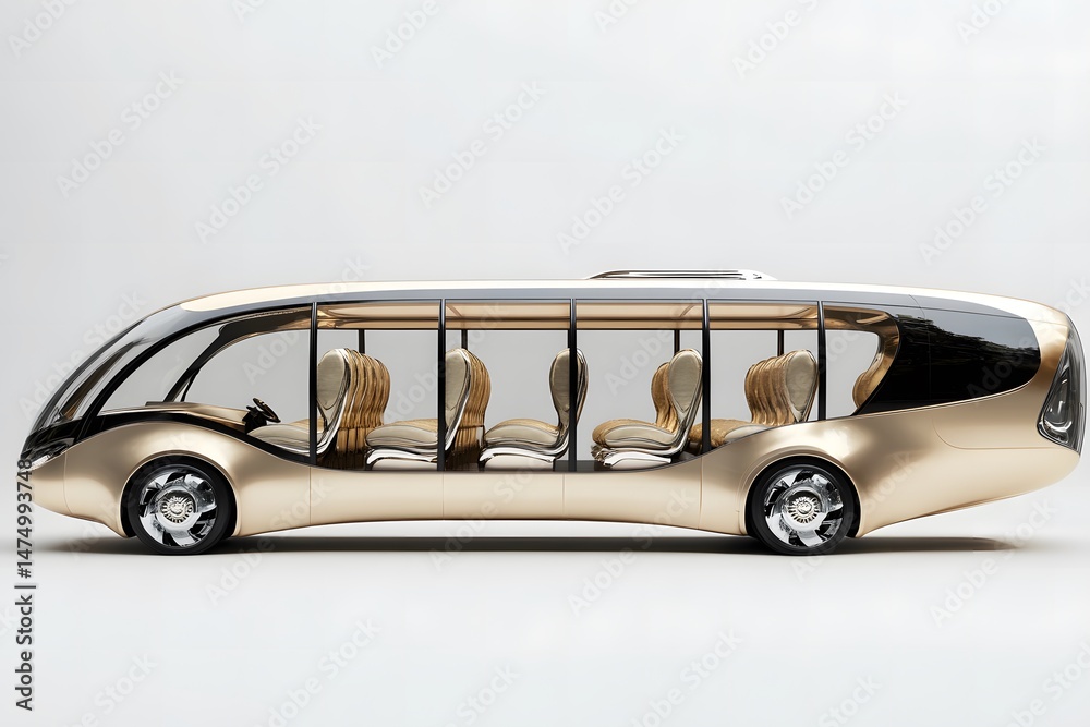 Solid Gold Bus Side view of futuristic gold bus with large windows and luxurious seats ...