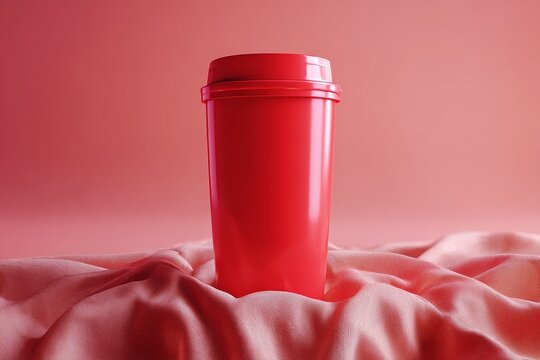 A vibrant red travel mug on a soft pink surface.