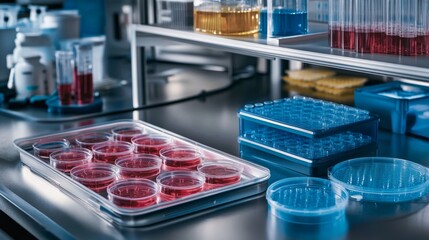 Poster - Laboratory experiment with petri dishes science research facility visual documentation clean environment close-up view scientific inquiry