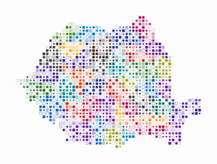 Poster - Romania, shape of the country built of colored cells. Digital style map of Romania on white background. Small size rounded square blocks. Classy vector illustration.