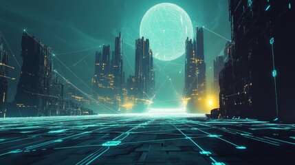 Poster - Futuristic cityscape with neon lights digital realm 3d render urban environment wide angle view sci-fi concept