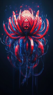 Abstract organic structure in red and blue tones digital art close up view with dark background
