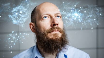Poster - Thoughtful man with abstract digital display over his head.