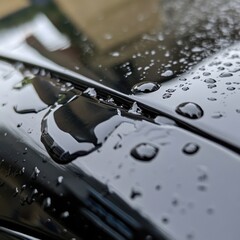 Poster - Raindrops on a Car Hood Close Up Macro Reflective Black Surface Water Beading After Rainstorm