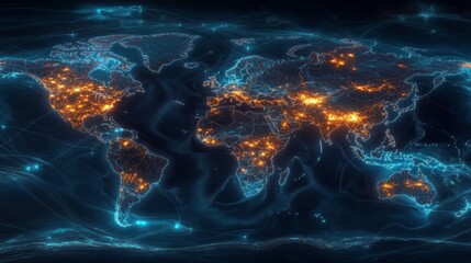Poster - Global nighttime urban light visualization world map digital art futuristic aerial view data representation