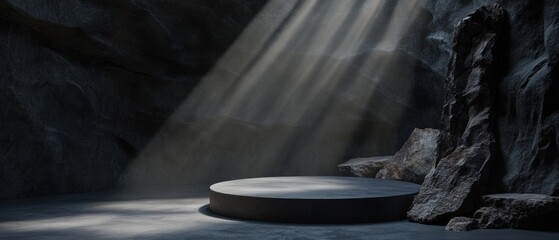 Poster - Round Platform in Dark Cave with Sunlight Rays Product Display Mockup Stage Background Abstract Minimalist Style