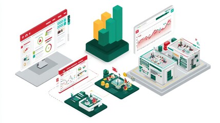 Aufkleber - Colorful isometric illustration of various business data displays.