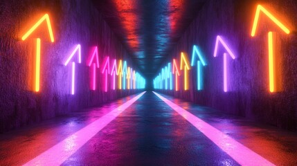 Poster - Neon arrow art installation urban tunnel digital photography vibrant environment surreal viewpoint conceptual design