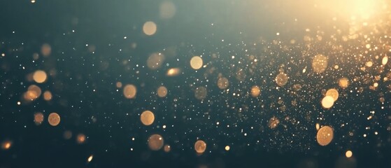 Poster - Golden bokeh lights floating in dark teal space abstract background close up shot studio photography