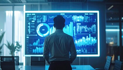 Poster - Man analyzing complex data displayed on a large screen in a mode