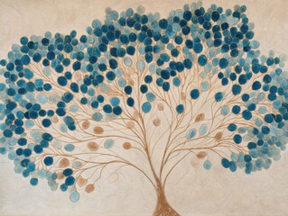 Poster - Abstract Tree Painting with Blue Leaves on Beige Background Artistic Expression Nature Inspired Artwork