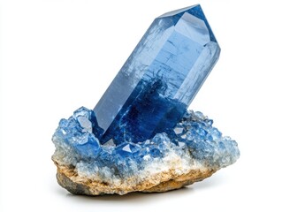 Poster - Close up of a blue crystal mineral specimen on a white background studio shot geology mineralogy stone rock earth science