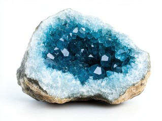 Poster - Stunning Close-Up of a Vibrant Blue Celestine Geode on White Background Mineral Specimen Display Geology Gemstone