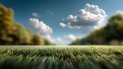 Poster - Vibrant green grass stretches across the foreground, gently swaying in the breeze. Above, a clear blue sky dotted with fluffy white clouds brings a sense of peace and tranquility