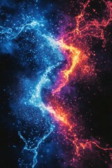 Poster - Abstract Water Collision High Angle Shot Blue and Red Splashes on Black Background Motion and Energy