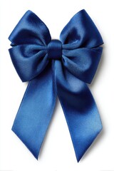 Poster - Isolated studio shot of a blue satin ribbon bow on white background for gift wrapping and decoration close up
