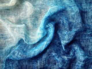 Poster - abstract linen cloth with gradient from white to deep blue in folds and waves close up studio shot
