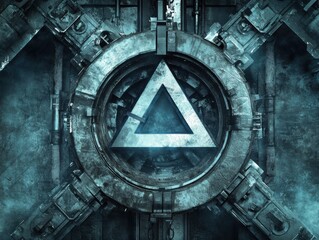 Poster - Sci-fi Triangle Portal Illustration, Futuristic Technology Concept, Metallic Texture, Industrial Design, Grunge Style, Close-up