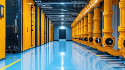 Poster - Bright industrial corridor with yellow pipes, modern equipment, and sleek lines in a high-tech facility 4k video footage