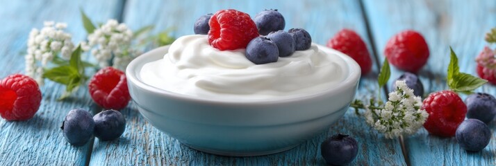 Poster - Bowl of Organic Yogurt With Berries Placed on a Rustic Blue Wooden Surface Adorned With Fresh Fruits and Herbs During Bright Daylight