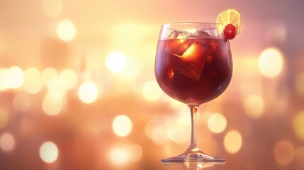 Poster - Elegant Cocktail in Wine Glass with Ice Cubes Lemon Slice and Cherry Against Bokeh Lights Background Close Up Studio Shot