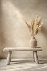 Poster - Minimalist Still Life of Pampas Grass in Vase on Wood Bench Against Beige Wall in Studio with Natural Light