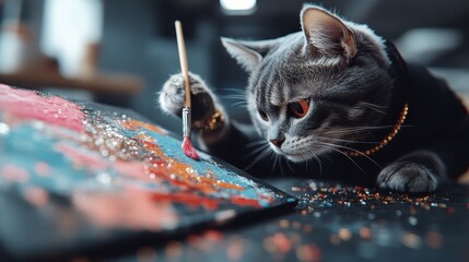Naklejka na meble This whimsical image shows a cat attentively painting on a canvas with vibrant colors, combining art and playfulness, showcasing its creativity and curious nature.