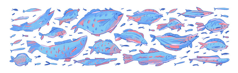 Fototapete - Collection of cute and funky crayon drawn fish. Vector doodle abstract school of fish. Marine kids illustration with rough crayon texture. Blue and pink doodle tuna, salmon, sea animals, mackerel.
