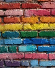 Poster - Close-up of a Colorful Brick Wall Painted in Rainbow Colors, Textured Background, Eye-Level Shot, Urban Art, Pride Theme