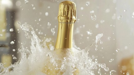 Poster - Champagne bottle opening with water splashing around in celebration close up studio shot