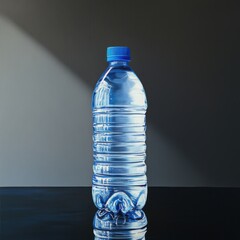 Poster - Still life of a blue plastic water bottle on a dark surface with a soft light source shining from above