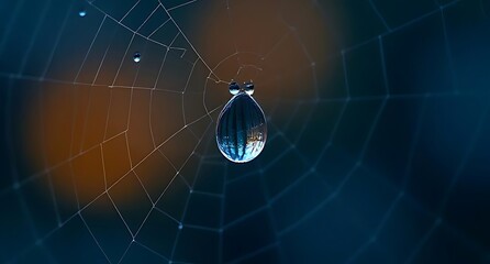 A delicate spiderweb, glistening with dewdrops, forms a natural net, a stunning macro pattern designed by spiders to trap insects