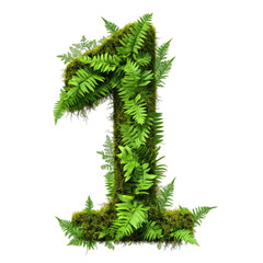Poster - Digit one rendered with lush green ferns and foliage on a transparent backdrop showcasing natural texture and botanical elements.