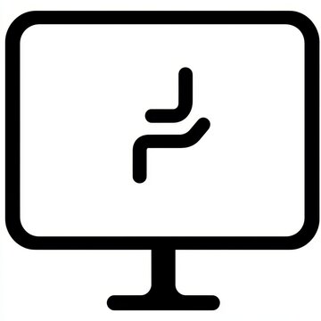 Black and white illustration of a computer monitor displaying a stylized chair icon. Simple, bold lines and minimal design.