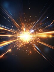 Poster - Abstract light explosion with golden sparks and blue beams emanating from a central point in dark space