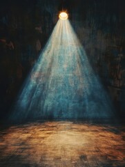 Poster - Spotlight illuminating empty stage in dark room with grungy wall and wooden floor dramatic lighting