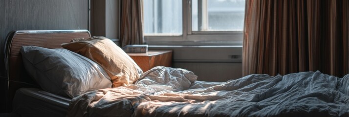 Poster - Sunlight Illuminates Neatly Folded Hospital Bed Linen With Gentle Shadows in a Serene Medical Room Setting